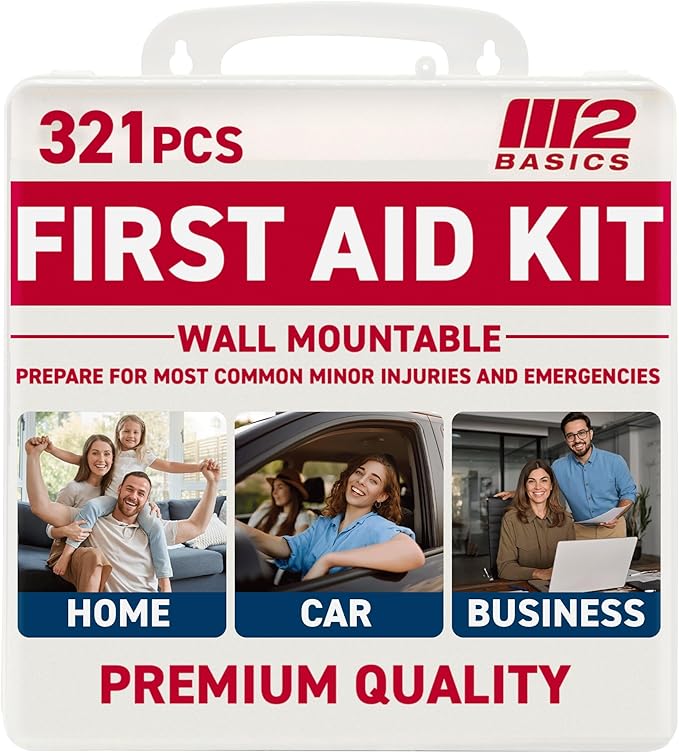 Premium 321 Piece First Aid Kit - M2 BASICS First Aid Kit for Home, Car, Business, Office, School, Travel, Camping, Outdoors - Emergency Medical Supplies, Durable Portable Hard Case