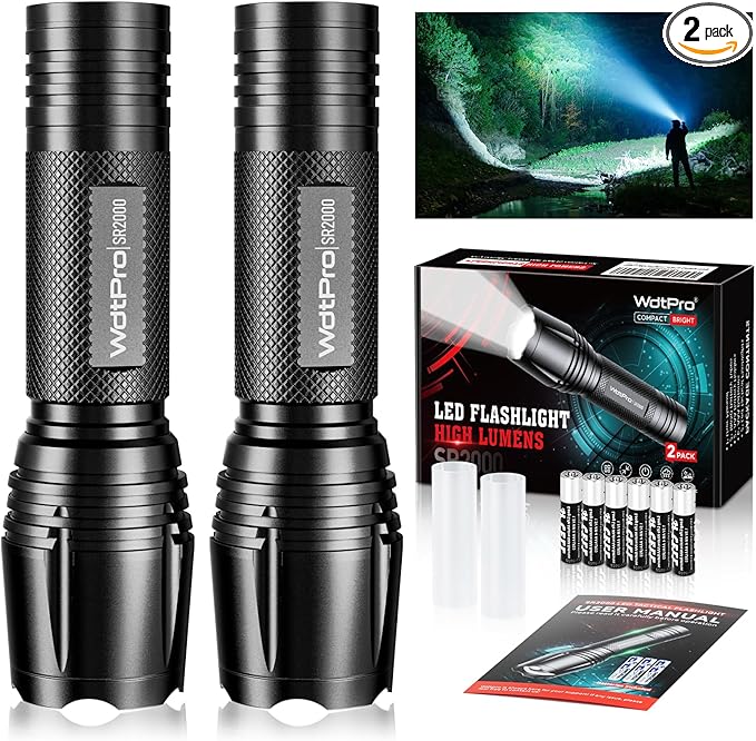 WdtPro LED Flashlight High Lumens SR2000 Pro, 2 Pack Brighter Tactical Flashlights with 5 Modes & Zoomable, Powerful Mini Flash Light for Emergency, Camping, Hiking (Black)