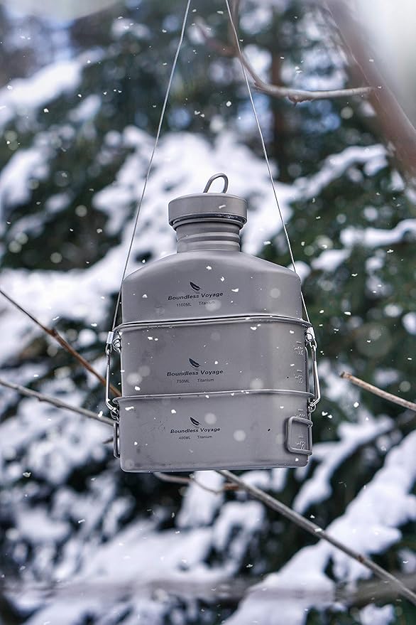 Boundless Voyage 750ml+400ml Titanium Military Mess Kit Ultralight Camping Cookware Set with Folding Handle & Hanging Rope Portable Canteen Cup for Outdoor Cooking, Hiking, Survival Ti2048C