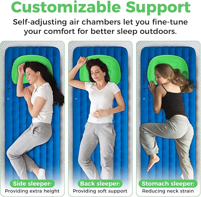 ATEPA Inflatable Camping Pillow, Ultralight Waterproof Travel Pillow with Ergonomic Support & Leak-Proof Air Valve, Compact Portable Pillow for Hiking Backpacking Tent Airplane Beach, Light Green