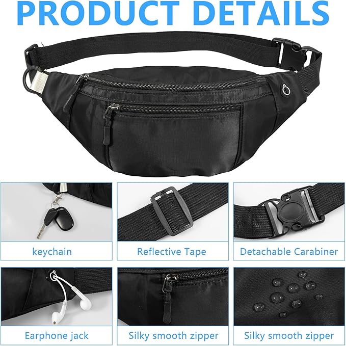10PCS Crossbody Fanny Pack Bulk,Large Capacity Waist Bag with 4-Zipper Pockets Adjustable Strap Fanny Packs Waterproof Oxford Cloth Travel Belt Bag for Outdoor Shopping Travel Men Women,Black