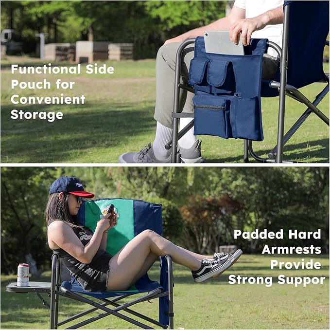 Colegence Oversized Directors Camping Chair Support 600 LBS, Heavy Duty Folding Outdoor Chairs with Detachable Side Pocket and Adjustable Side Table for Outside Beach,Lawn,Fishing,Dark Blue