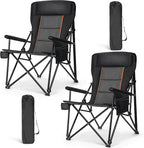 HIGH POINT SPORTS Oversized Folding Camping Chairs for Adults, High Backrest Heavy Duty Lawn Chairs Support 500 LBS Portable Collapsible Camp Chairs with Cup Holders,Side Pocket, 2 Pack, Black