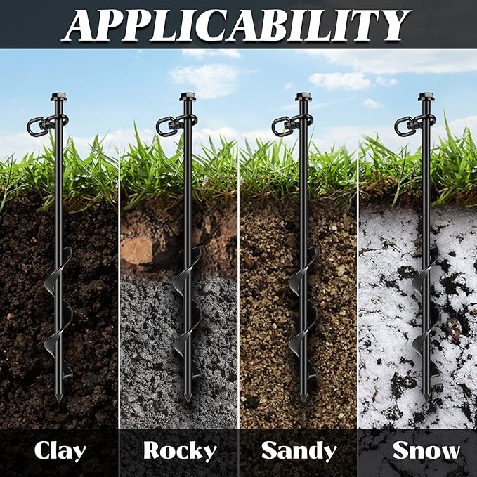 Ground Anchors (1pcs) Easy to Use 10mm Diameter, Heavy Duty Anchor Hook for Camping Tent, Canopies, Car Ports, Sheds, Swing Sets, Securing Animals – Black Powder Coated