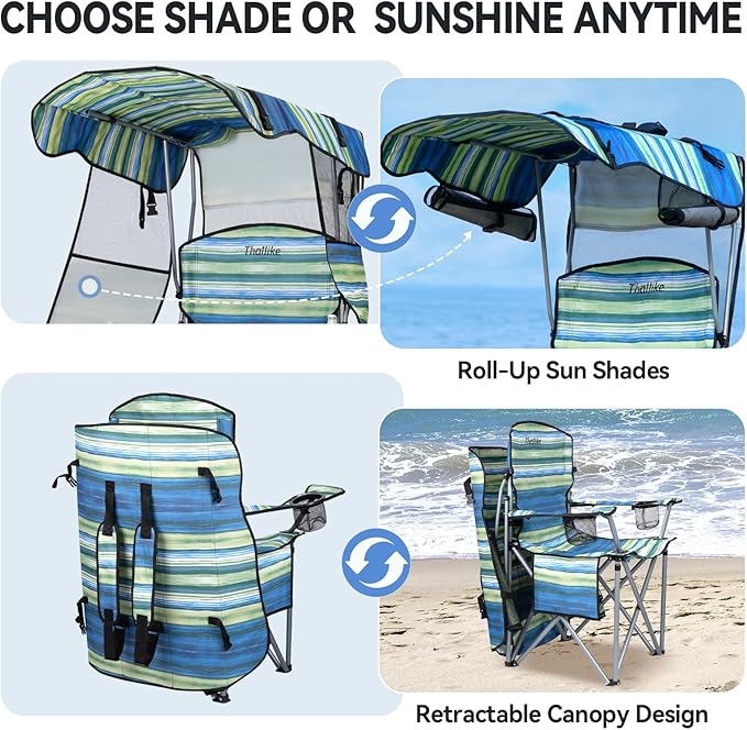 Folding Camping Chair with Reinforced Shade Canopy Comfortable Wide Seat with Cup Holder and Side Pocket Portable Outdoor Chair for Beach Fishing Sports Lawn Supports 350 LBS