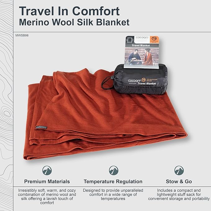 COCOON - Premium - Merino Wool/Silk Travel Blanket - Cozy, Soft, Warm, Lightweight - Dark Terracotta