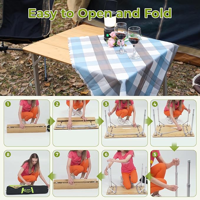 ATEPA Bamboo Folding Table, 32 * 24'' Adjustable Height Folding Camping Table, Eco Friendly l Wooden Folding Table with Aluminum Legs, Carry Bag for Picnic Beach Fishing Outdoor Indoor, 2-4 Person