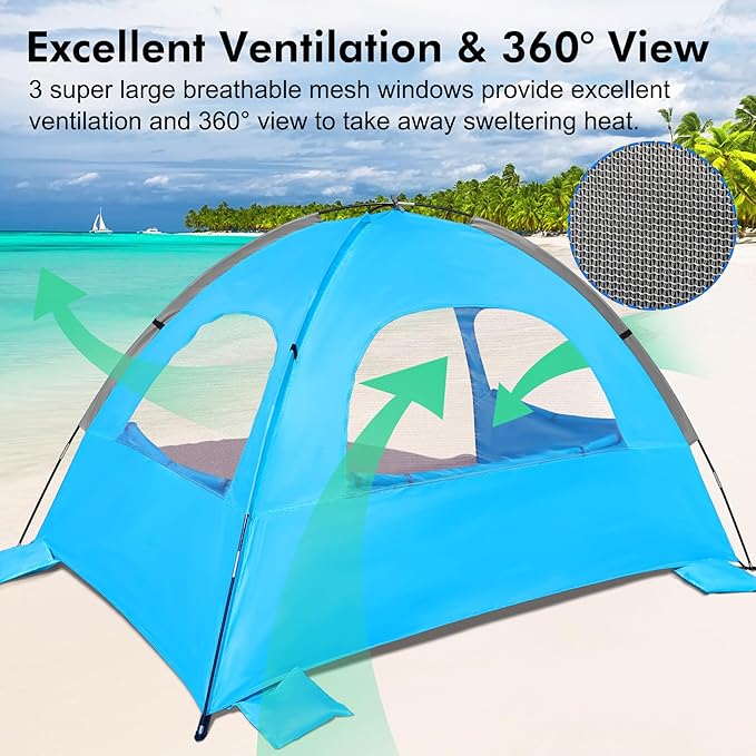WhiteFang Beach Tent Anti-UV Portable Sun Shade Shelter for 3/4/6/8 Person, Extendable Floor with 3 Ventilating Mesh Windows Plus Carrying Bag, Stakes and Guy Lines