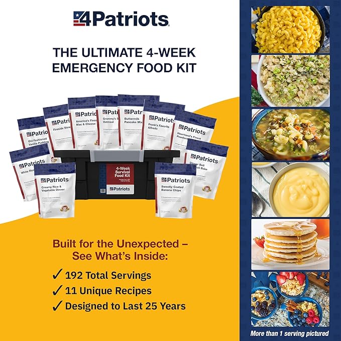 4Patriots 4-Week Survival Food Kit: Emergency Food Supply Designed to Last 25 Years, 192 Servings