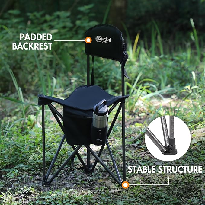 PORTAL Extra Large Quick Folding Tripod Stool with Backrest Fishing Camping Chair with Carry Strap