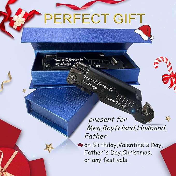 Engraved Folding Knives for Men,6 in 1 Pocket Knives with Fire Starter,Flashlight,Bottle Opener,Glass Breaker,Birthday Gifts for husband