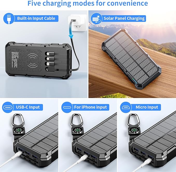 Solar Charger Power Bank 49800mAh Wireless Charger QC 3.0 Fast Charging Power Bank 8 Outputs 4 Inputs Solar Portable Charger Compatible with All Mobile Devices,SOS/Strobe/Strong Flashlights (Black)