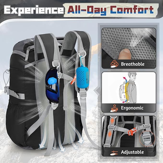 RAINSMORE Foldable Hiking Backpack for Women Men Packable Camping Backpack 40L Waterproof Hiking Daypack Bag Lightweight Collapsible Daypack for Travel Trekking Mountaineering Large Capacity Black