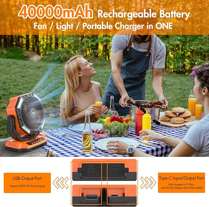 40000mAh Battery Powered Camping Fan - 136H Max Cooling, Rechargeable Battery Operated Oscillating Floor Fan with Charger, Remote & Hook, Portable for Tent Outdoor Patio Garage Hurricane Power Outage