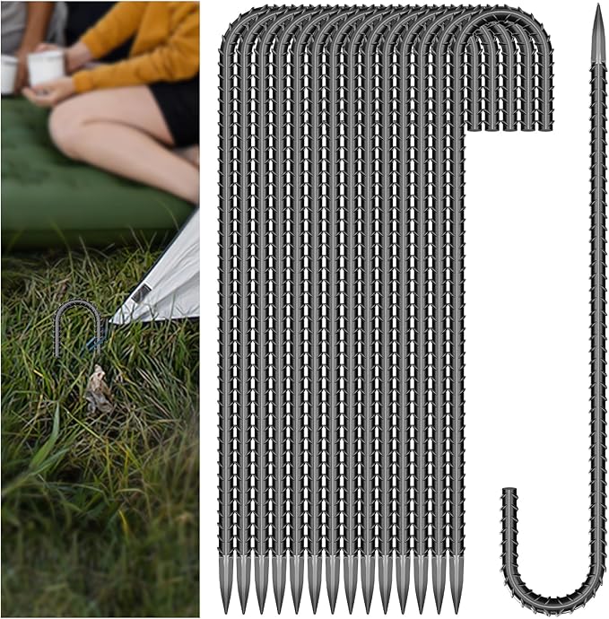10 Pieces J Hooks Rebar Metal Tent Stakes 16 Inch Galvanized Ground Anchors Yard Stakes for Landscape Fabric Artificial Turf Heavy Duty Anti Rust for Outdoor Lawn Decorations Inflatables Swing Set