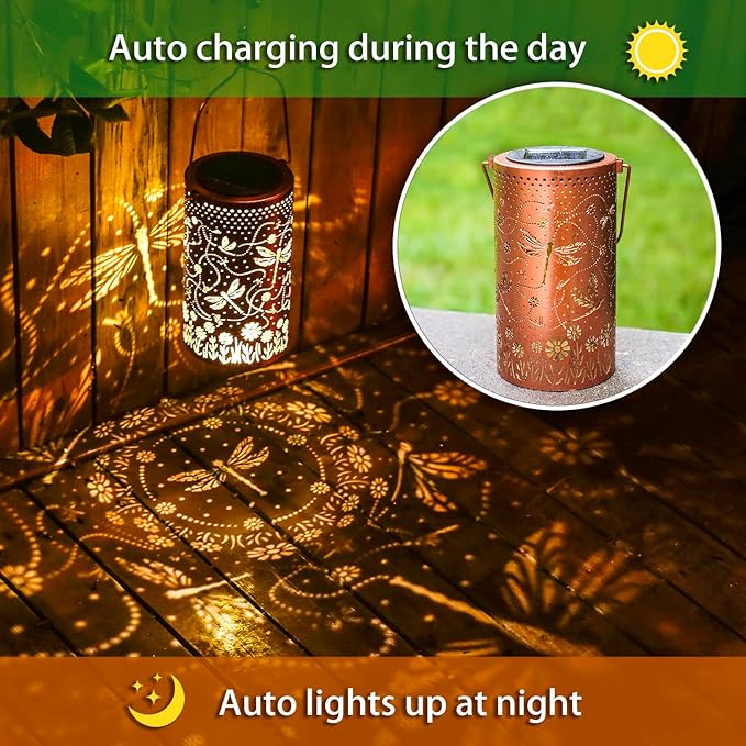 2 Pack Dragonfly Outdoor Solar Hanging Lanterns Waterproof LED Solar Lights Metal Decorative Lanterns for Garden, Patio, Courtyard, Backyard, Yard Decor Unique Dragonfly Gifts for Women Gardening