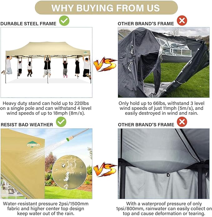 COBIZI 10x20 Pop up Canopy Tent 10x20 Canopy with 6 Sidewalls Waterproof Heavy Duty Gazebo Commercial Canopy Tent for Parties Outdoor Gazebo, Carry Bag with Wheel(10x20ft, Khaki)