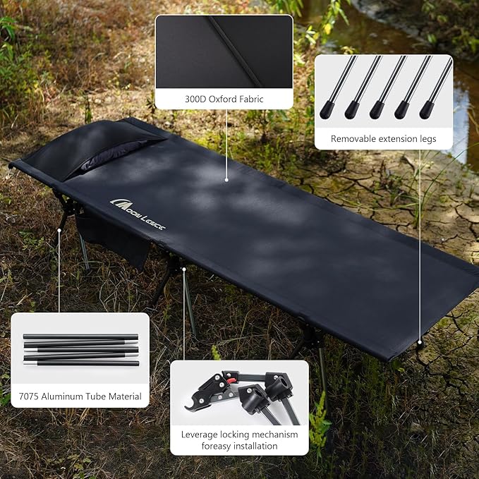 MOON LENCE Height Adjustable Camping Cot - Supports 330 lbs, Portable Folding Bed with Leg Extenders & Camping Pillow for Camping, Hiking, Sleeping, 1 Pack, Black