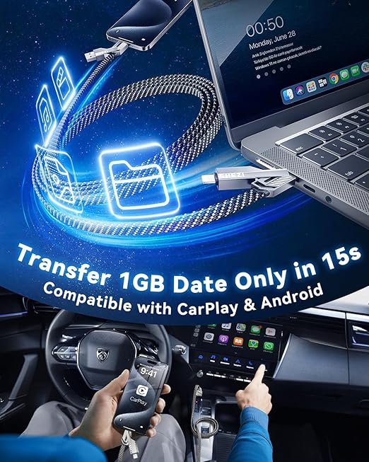 [One is Enough] 4-in-1 Compatible with USB C to Lightning Cable, 45W High-Speed Charging & Fast Data Transfer,CarPlay & Android Auto Support Multi Charger Cord Combo for iPhone/Samsung/iPad,5FT