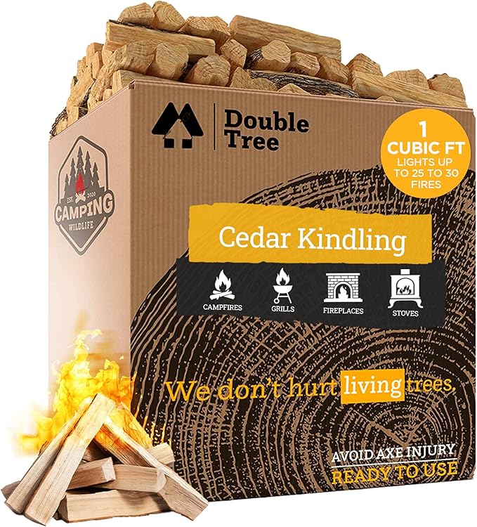 Double Tree Fire Starter Sticks - 100% Natural Cedar Wood Kindling, Quick & Easy Burning for Campfire, Camping Cooking Stove, Fire Pit, Fireplace & Grilling, lndoor & Outdoor - (Large 1 Cubic ft)