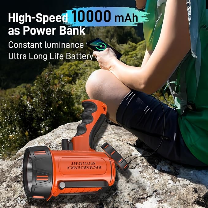 2025 New Super Bright Rechargeable Spotlight 90,000 Lumen Flashlight Handheld Spotlight,10000mAh Spot Light Outdoor Runtime 48+ Hrs,Flashlight Searchlight Flood Camping Hunting Boating with Tripod