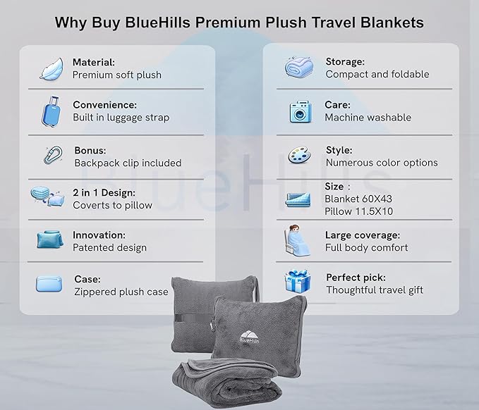 BlueHills 2-Pack Premium Soft Travel Blanket Pillow Airplane Blanket in Soft Bag Pillowcase with Hand Luggage Belt and Backpack Clip, Compact Pack Large Blankets for Any Travel (Grey Gray T013)