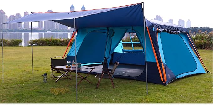 KTT Extra Large Tent 12 Person,Awning Family Cabin Tents,2 Rooms,3 Doors and 3 Windows with Mesh,Straight Wall,Waterproof,Double Layer,Big Tent for Outdoor,Picnic,Camping,Family Gathering