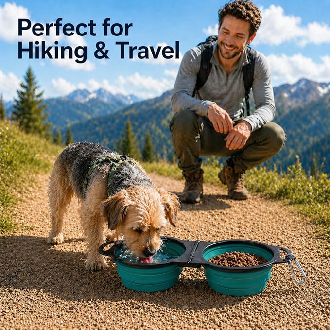 Collapsible Dog Bowls with Carabiner, Double Portable Travel Pet Bowls for Food and Water, Foldable Silicone Dog Bowl for Walking, Hiking, Camping, Small Medium Dogs and Cats, Teal