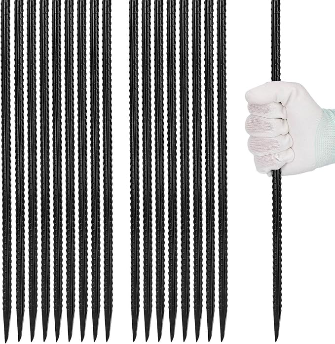 16 inches Rebar Stakes 18-Pack Heavy Duty Ground Stakes Rebar Spikes Garden Stakes Metal Steel Stake for Concrete and Timber Straight Black