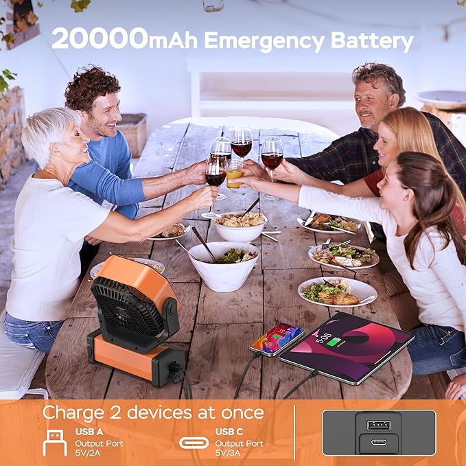 KITWLEMEN Camping Fan with Light - 20000mAh Rechargeable Battery Fan, 60Hrs Max Run Time, 4 Speeds, Timer, Auto Oscillation, 270° Pivot & Hook for Camping, Power Outage, Hurricane