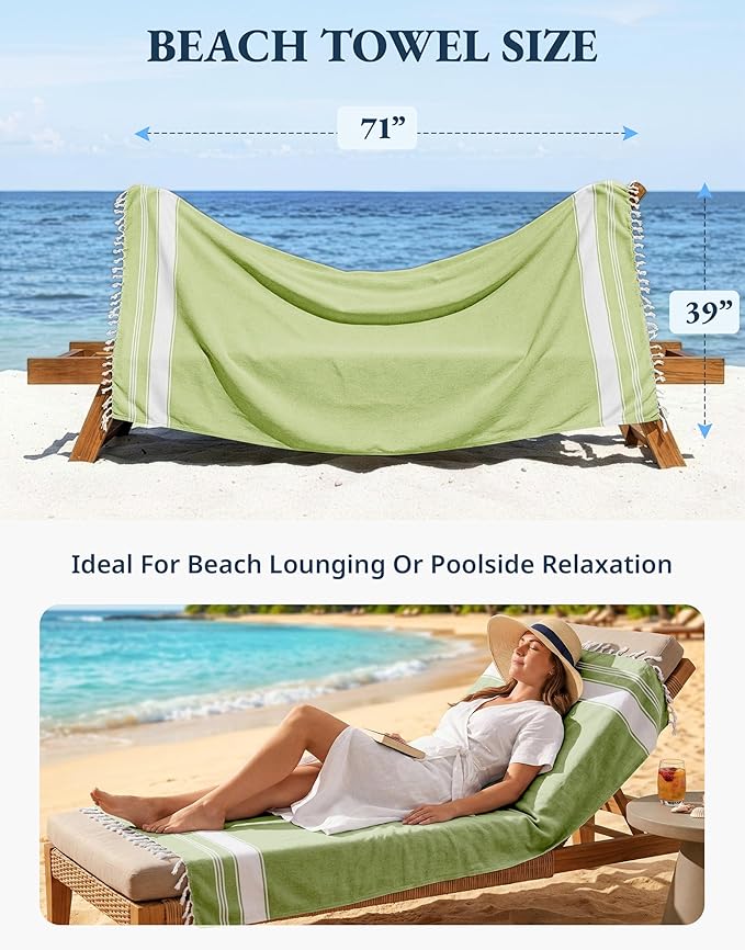 LANE LINEN Turkish Beach Towels, Extra Large Beach Towel, Pre-Washed for Soft Feel, Oversized Sand Free Quick-Dry Pool Towel, Beach Towels for Adults - Jade Lime