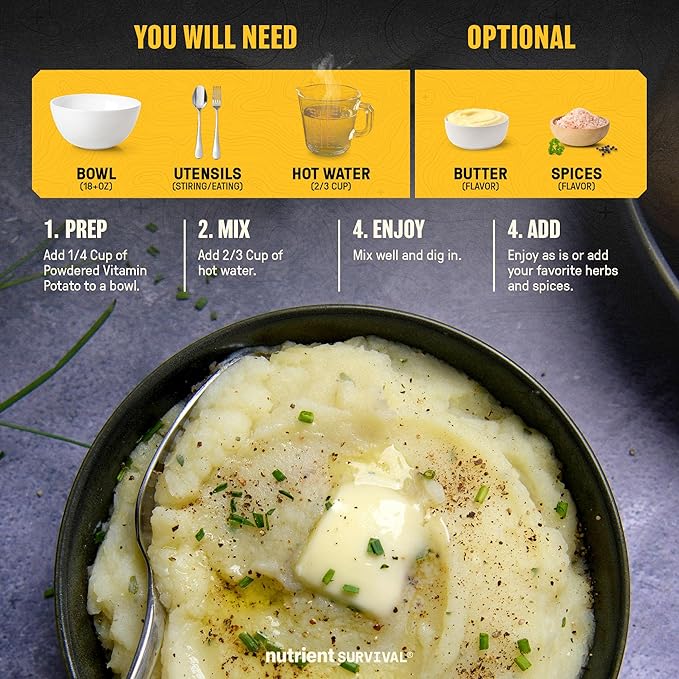 Nutrient Survival Potato Flakes, Powdered Vitamin Potato (30 Servings) for Mashed Potatoes, Soups, Emergency Food Supply & Camping Supplies, 38 Nutrients, Shelf Stable Up to 25 Years, One Can