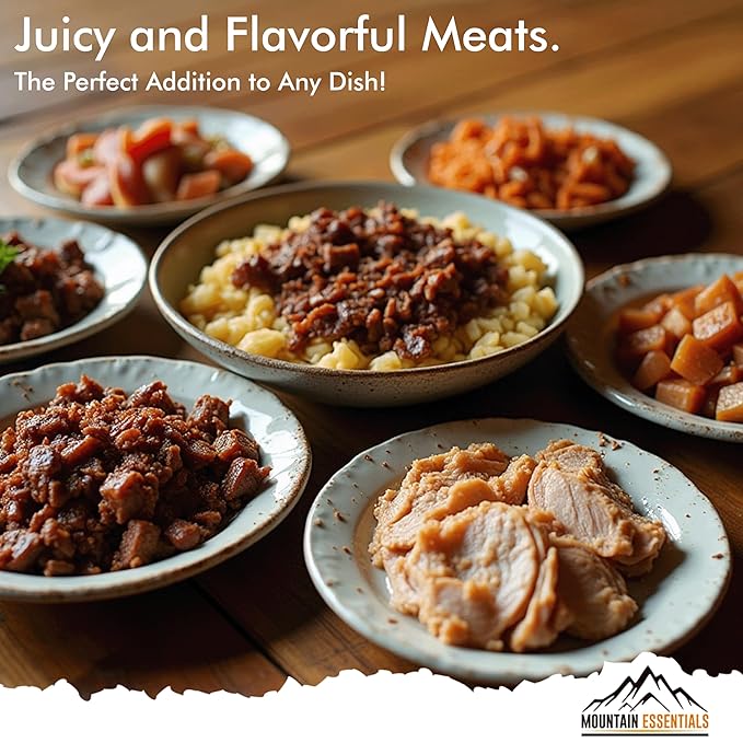 MOUNTAIN ESSENTIALS Freeze-Dried Meat Variety Kit – 3 Chicken Dices, 3 Beef Dices, 3 Ground Beef, 2 Shredded Pork & 1 Pork Sausage Crumble | 10 Servings per Pouch | Shelf-Stable Daily Meals, Camping & Emergency Food | Made in USA