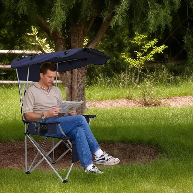 PLKO Camping Chairs with Canopy, Portable Quad Lawn Chair for Adults, Folding Recliner Chair with Cup Holder Outdoor Events and Shade- Support 330 LBS