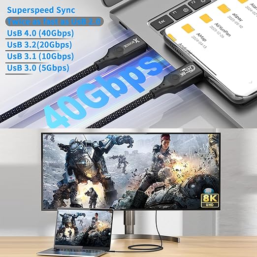 40Gbps USB 4.0 to USB C Cable for Thunderbolt 4 Cable 3.3ft USB4 Sync 8K/5K@60Hz Display Type C 240W Charging Compatible iPhone 15/16 Pro/Max GoogL/MacBook Pro/Air iPad Laptop Monitor(Black)