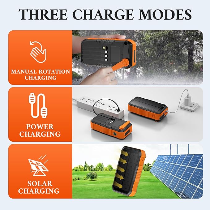 Solar Charger Power Bank 66800mAh Built in Hand Crank and 4 Cables, 22.5W Fast Charging PowerBank 6 Outputs & 4 Inputs, Portable Charger with Camping Flashlights & Compass for Outdoor (Orange)