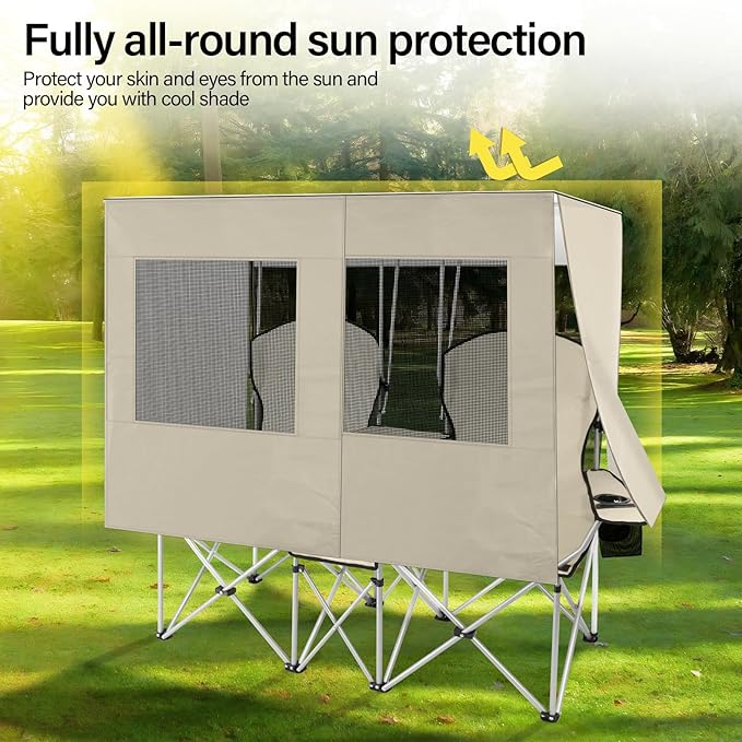 BDL Double Camping Chair with Canopy, Two Person Folding Loveseat with Shade, Heavy Duty Beach Chair with Cooler Bag, Cup Holder for Outside, Fishing, Sports, Beach-White