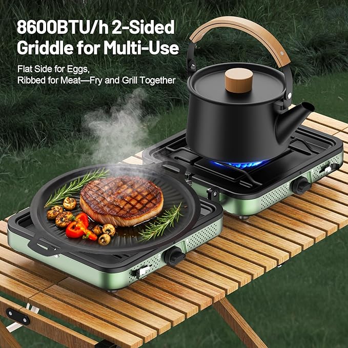 Portable Gas stove, 2 Burner Camping Stove with Griddle and Carrying Bag & Hose, 8600BTU Portable Gas Stove with Piezo Ignition & Adjustable Burners,for Camping Tailgating BBQ Essentials Gear