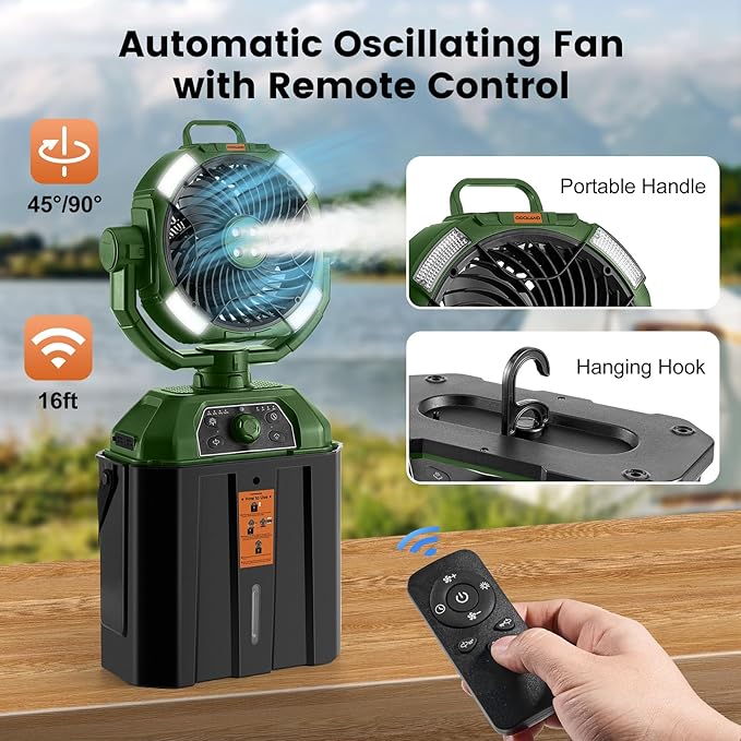Odoland Portable Camping Fan with LED Light, 30000mAh Rechargeable Battery Operated Oscillating Fan with Remote & Hook, 6L Bucket Misting Fan for Outdoors Patios,Travel,Jobsite, Green