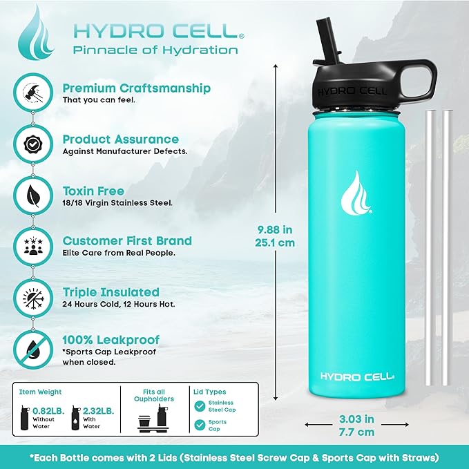 HYDRO CELL Stainless Steel Sport Water Bottle with Straw - Keeps Drinks Cold & Hot via a Leak Proof Metal Triple Insulated Vacuum Flask for All Sports and Outdoors Activities (Teal 24oz)