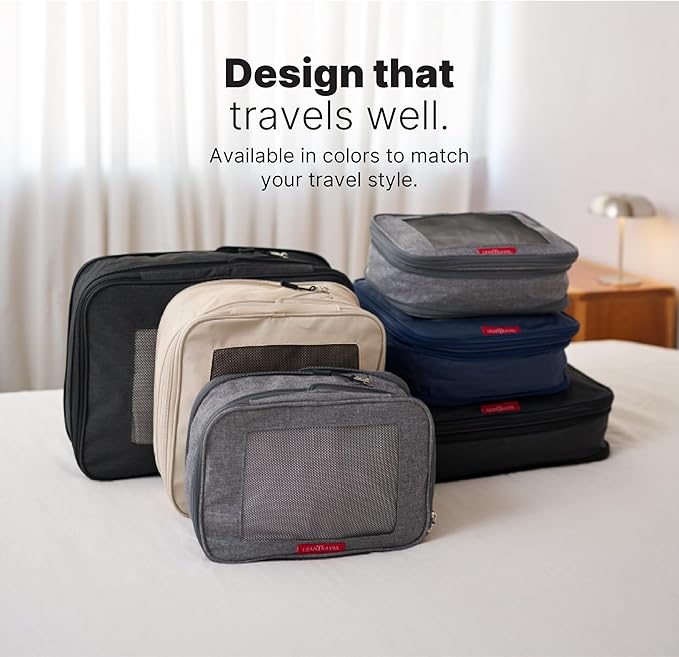 LeanTravel Premium Compression Packing Cubes for Travel - Suitcase Organizer Bags with Double Zipper & Breathable Mesh Panel - Space Saving Carry On Luggage Essentials (6-Pack Black)