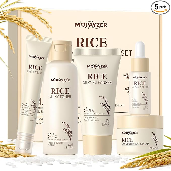 5PCS Rice Skincare Set, Korean Hydrating Skin Care for Girls Teens Women, Rice Cleanser Toner Serum Face Cream Eye Cream, Moisturizing Daily Skincare Routine Kit