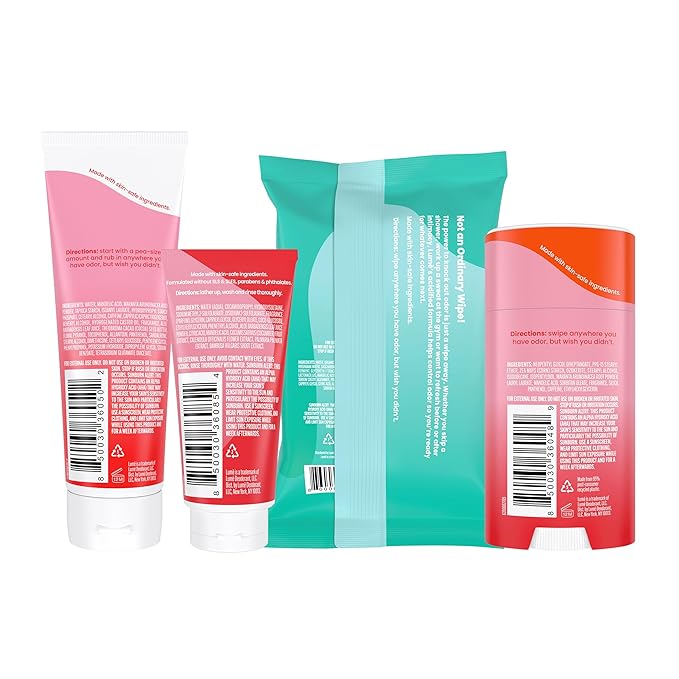 Lume Skin Care Gift Set for Women, Whole Body Deodorant Starter Pack - Smooth Solid Stick, Invisible Cream Tube, Acidified Body Wash Mini & Deodorant Wipes - Aluminum Free Odor Control (Peony Rose)