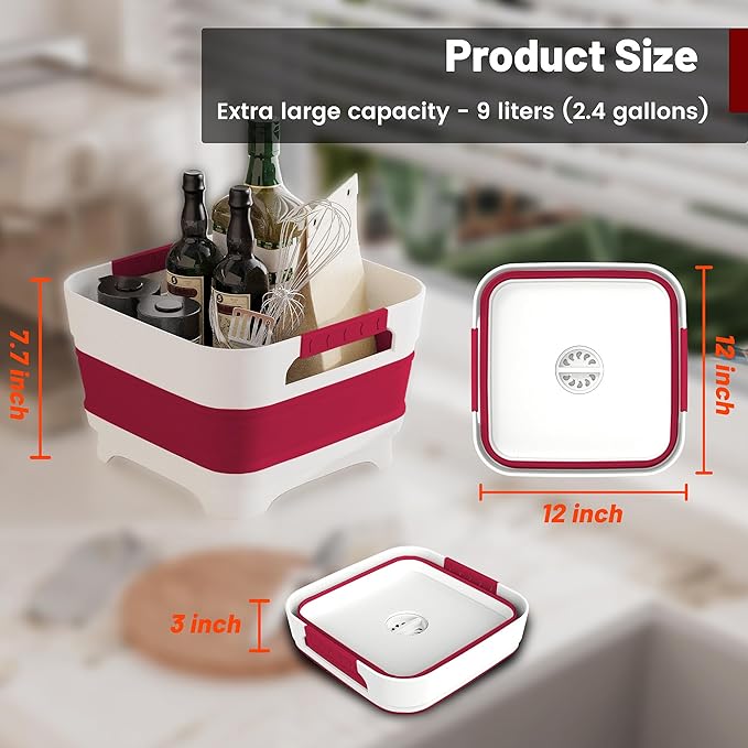 2.4 Gal Collapsbile Wash Basin with Drian Plug,9L Dish Pan for Soaking Baby Bottles,Portable Sink, Multiuse Foldable Bucket,Ice Beverage Tubs for Camping, Vegetable Washing, RV (Viva Magenta)