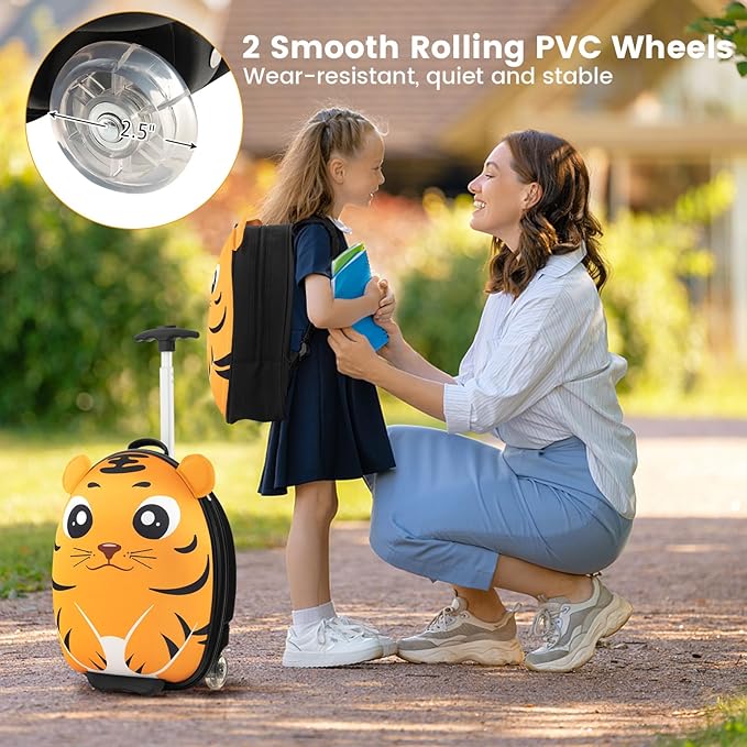 Goplus 2PC Kids Carry On Luggage Set, 16" Rolling Suitcase & 12" Backpack, Airline Approved Travel Trolley Luggage with Wheels for Toddlers Children Girls Boys (Tiger)