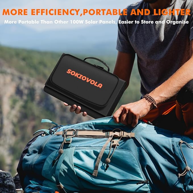 100W Portable Foldable Solar Panel 20V Portable Solar Charger with QC3.0 USB-A & Type-C Output IP68 Waterproof for Cell Phones Camera Outdoor Camping RV Hiking Travel Small Power Station