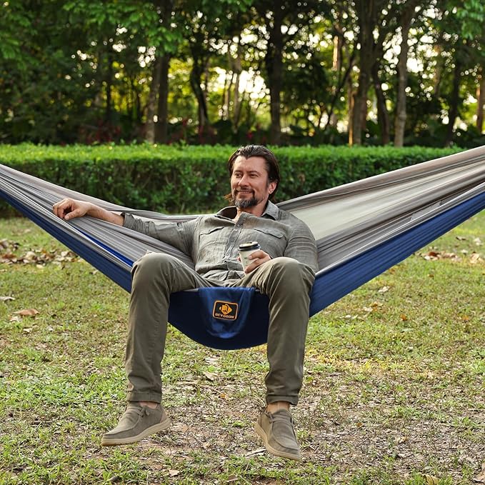 Camping Hammock, Portable Hammocks with Mosquito Net,Lightweight Nylon Parachute Hammock with 10ft Tree Straps,Camping Gear Must Haves for Travel Hiking Backpacking Beach Patio-Blue&Grey
