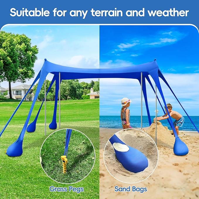 Beach Tent Sun Shelter 10x10ft, Shade Canopy, Sunshade UPF50+ with 8 Sandbags, Sand Shovels, Ground Pegs & Stability Poles, Portable Carry Bag for Family Party,Camping,Fishing,Backyard,Picnics