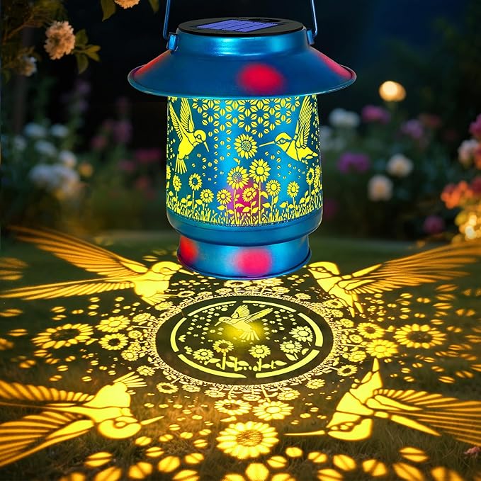 Hummingbird Solar Lanterns Outdoor Waterproof Brim,Garden Decor Birthday Gifts for Women Mom Grandma,Blue Spray Paint Metal Hanging Solar Lights Outside Decorative for Yard Patio Backyard Pathway