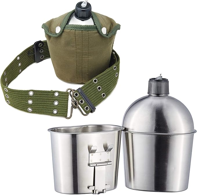 DARTMOOR G.I. Army Stainless Steel Canteen Military with Cup and Green Nylon Cover Waist Belt for Camping Hiking